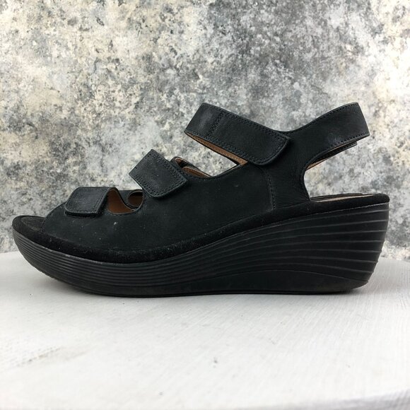Clarks Women's Size 9.5M Reely Juno Black Leather 3 Strap Wedge Heel Sandals - Picture 6 of 16